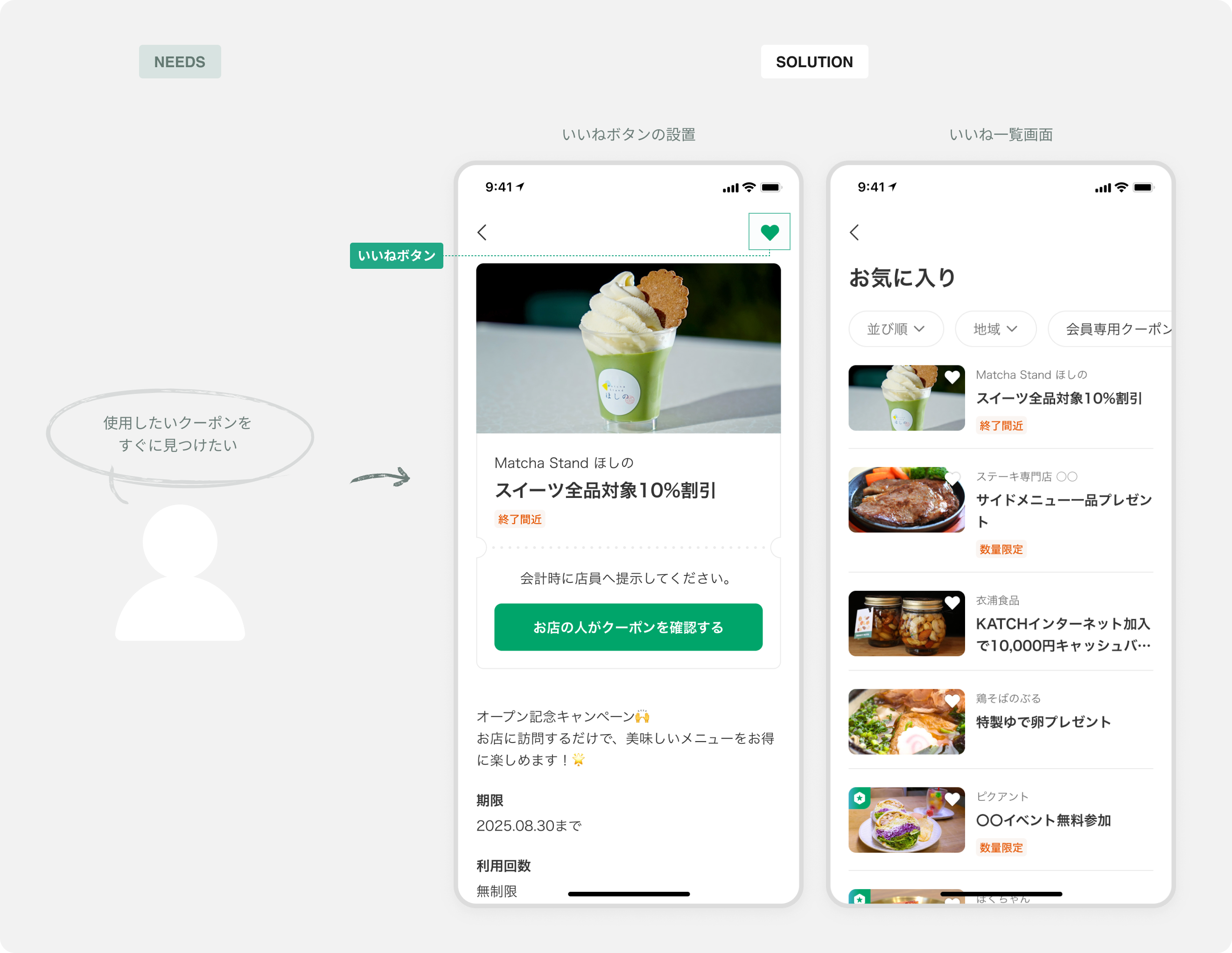 クーポンを保存できるいいねボタンの設置と一覧画面